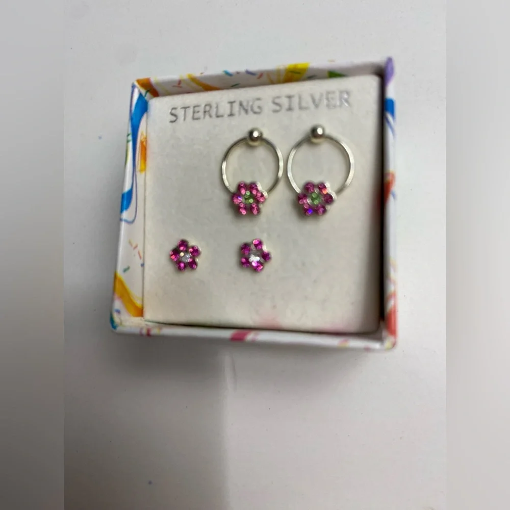 Girls Sterling Silver Earrings Hoops and Studs Pink Flower - NEW